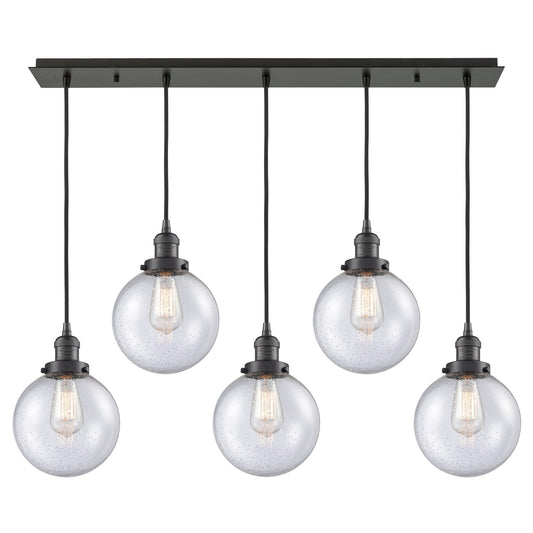 Innovations Beacon 40in 5-Light Linear Pendant | Art Deco Oil Rubbed Bronze Steel and Seedy Glass | Kitchen Island & Dining Room | Model 125F-5P-OB-G204-8