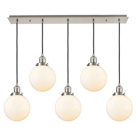 Innovations Beacon 40in 5-Light Linear Pendant | Art Deco Brushed Satin Nickel and Matte White Frosted Glass | Kitchen Island & | Model 125F-5P-SN-G201-8