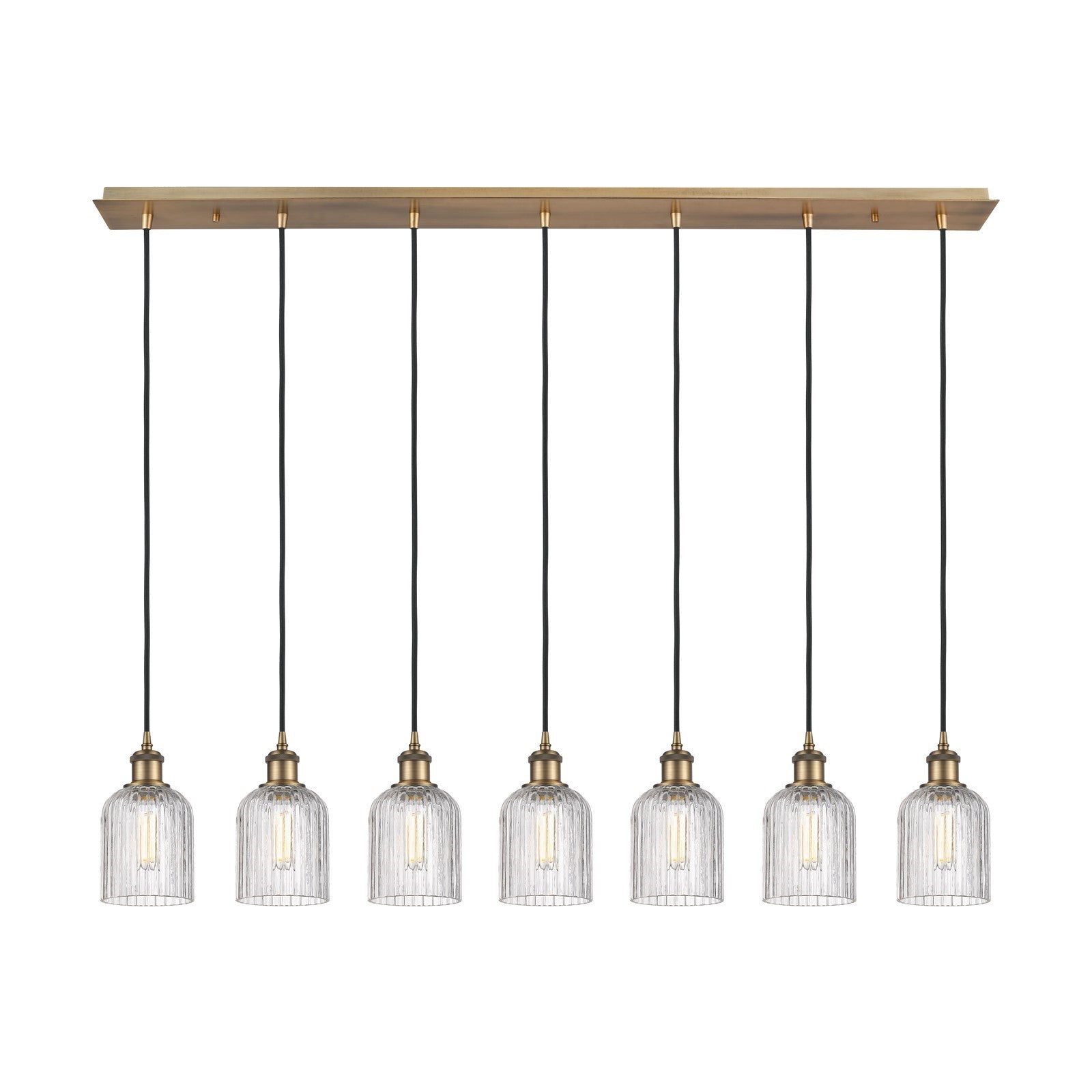 Innovations Bridal Veil 49in 7-Light Linear Pendant | Art Deco Brushed Brass and Clear Ribbed Glass | Kitchen Island & Dining | Model 127B-7P-BB-G559-5CL