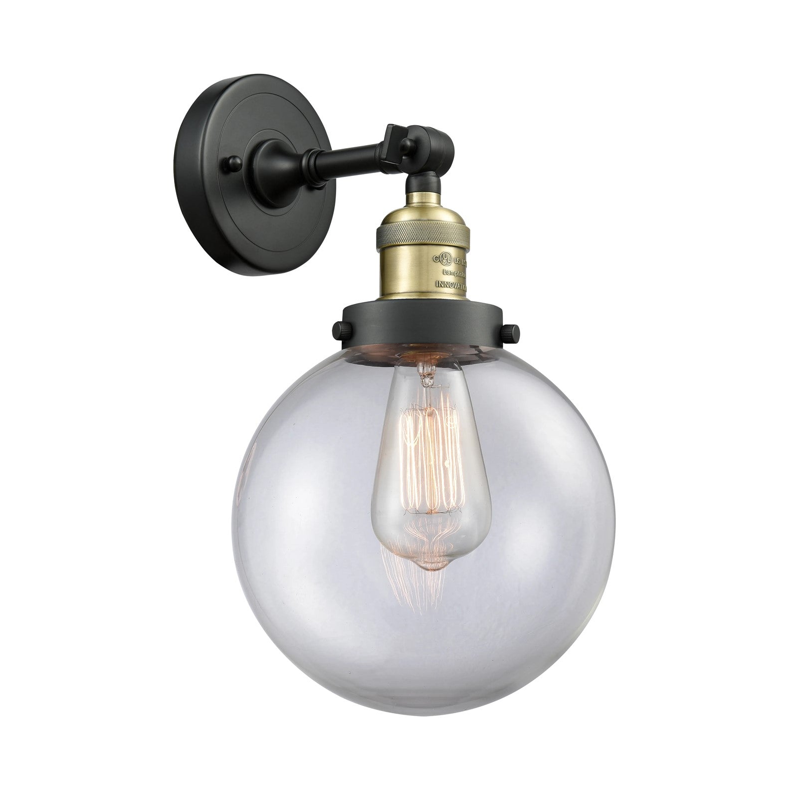 Innovations Beacon 8in 1-Light LED Wall Sconce | Industrial Black Antique Brass Cast Brass and Clear Globe Glass | Hallway & | Model 203-BAB-G202-8-LED