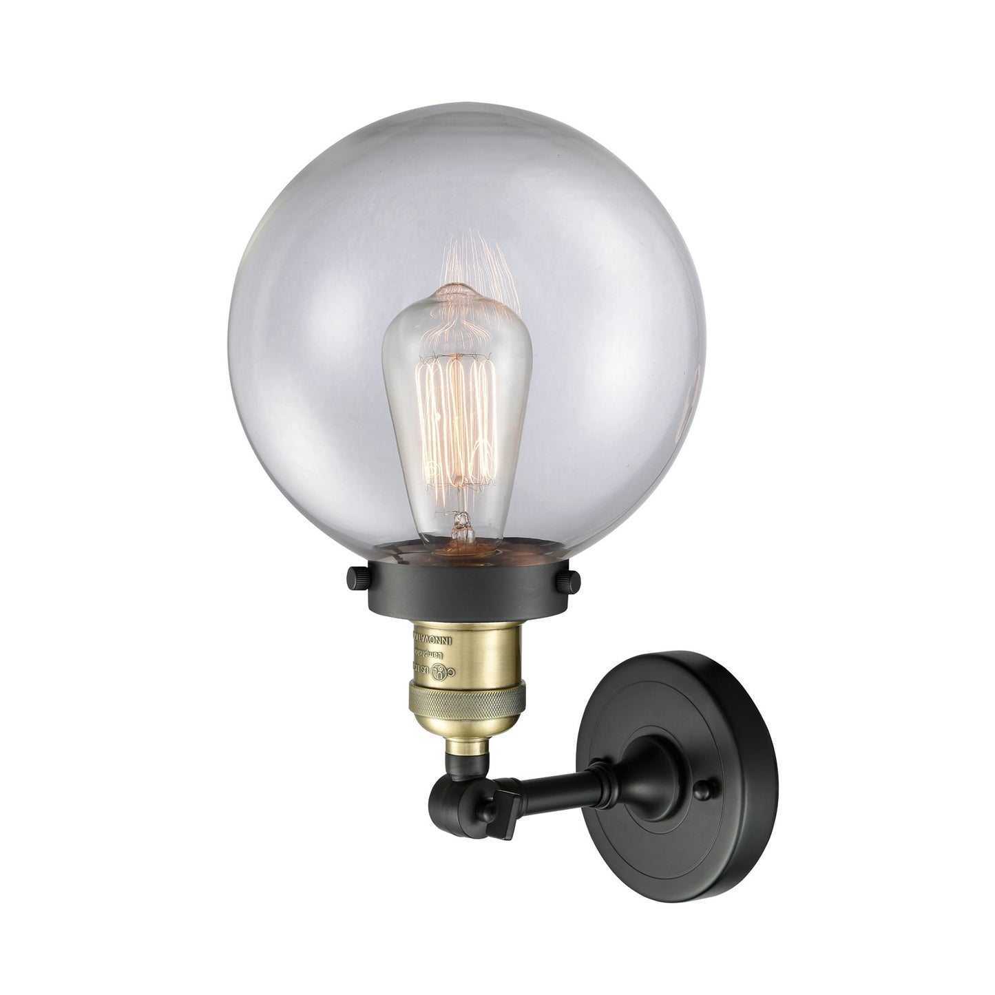 Innovations Beacon 8in 1-Light LED Wall Sconce | Industrial Black Antique Brass Cast Brass and Clear Globe Glass | Hallway & | Model 203-BAB-G202-8-LED