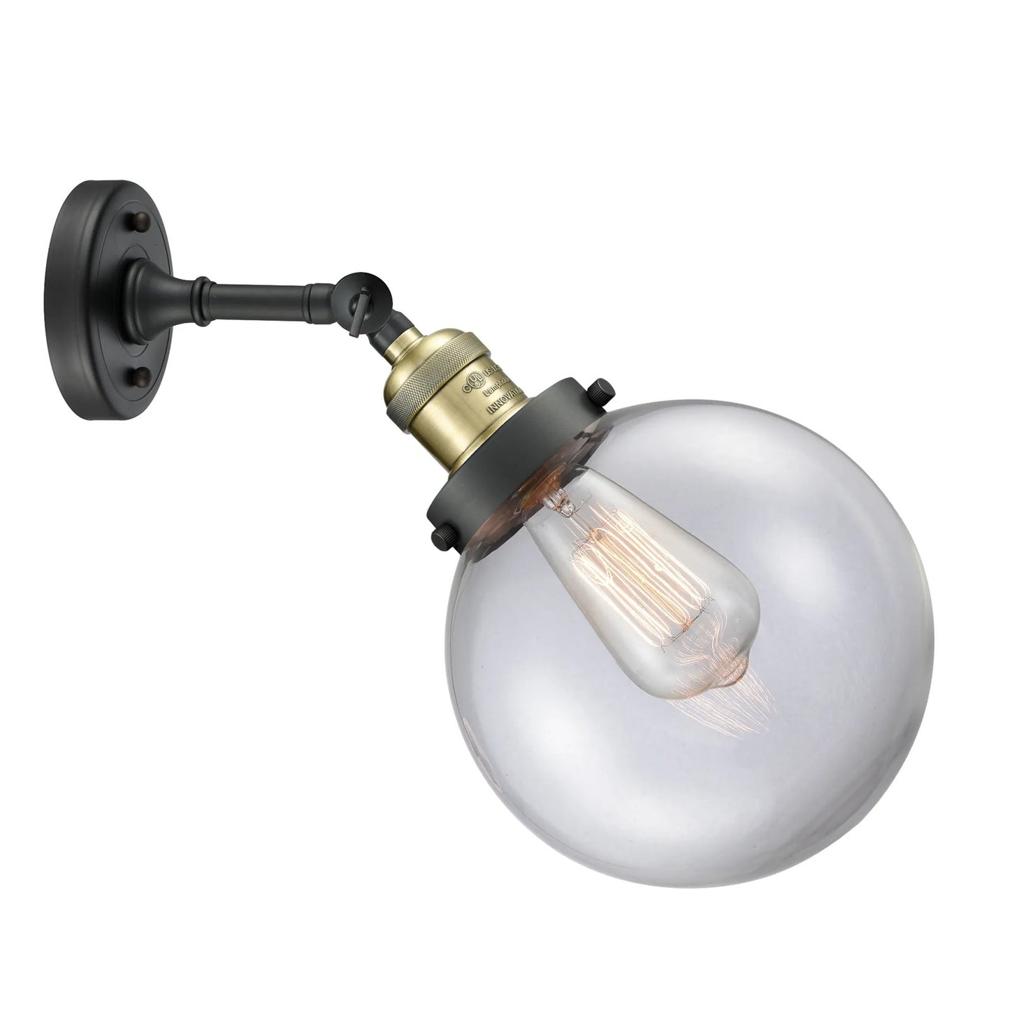Innovations Beacon 8in 1-Light LED Wall Sconce | Industrial Black Antique Brass Cast Brass and Clear Globe Glass | Hallway & | Model 203-BAB-G202-8-LED