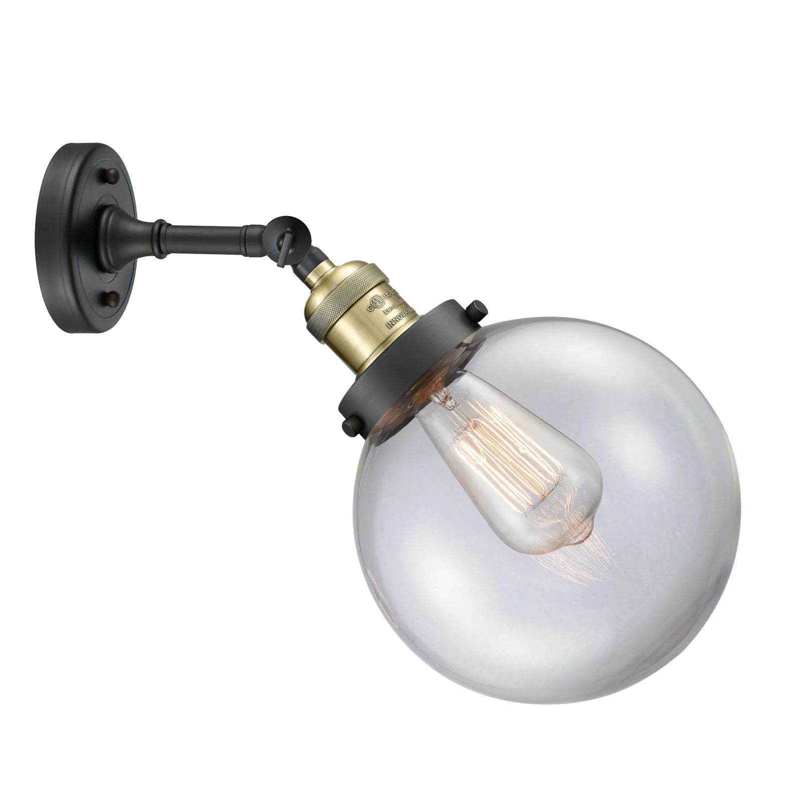Innovations Beacon 8in 1-Light LED Wall Sconce | Industrial Black Antique Brass Cast Brass and Clear Globe Glass | Hallway & | Model 203-BAB-G202-8-LED