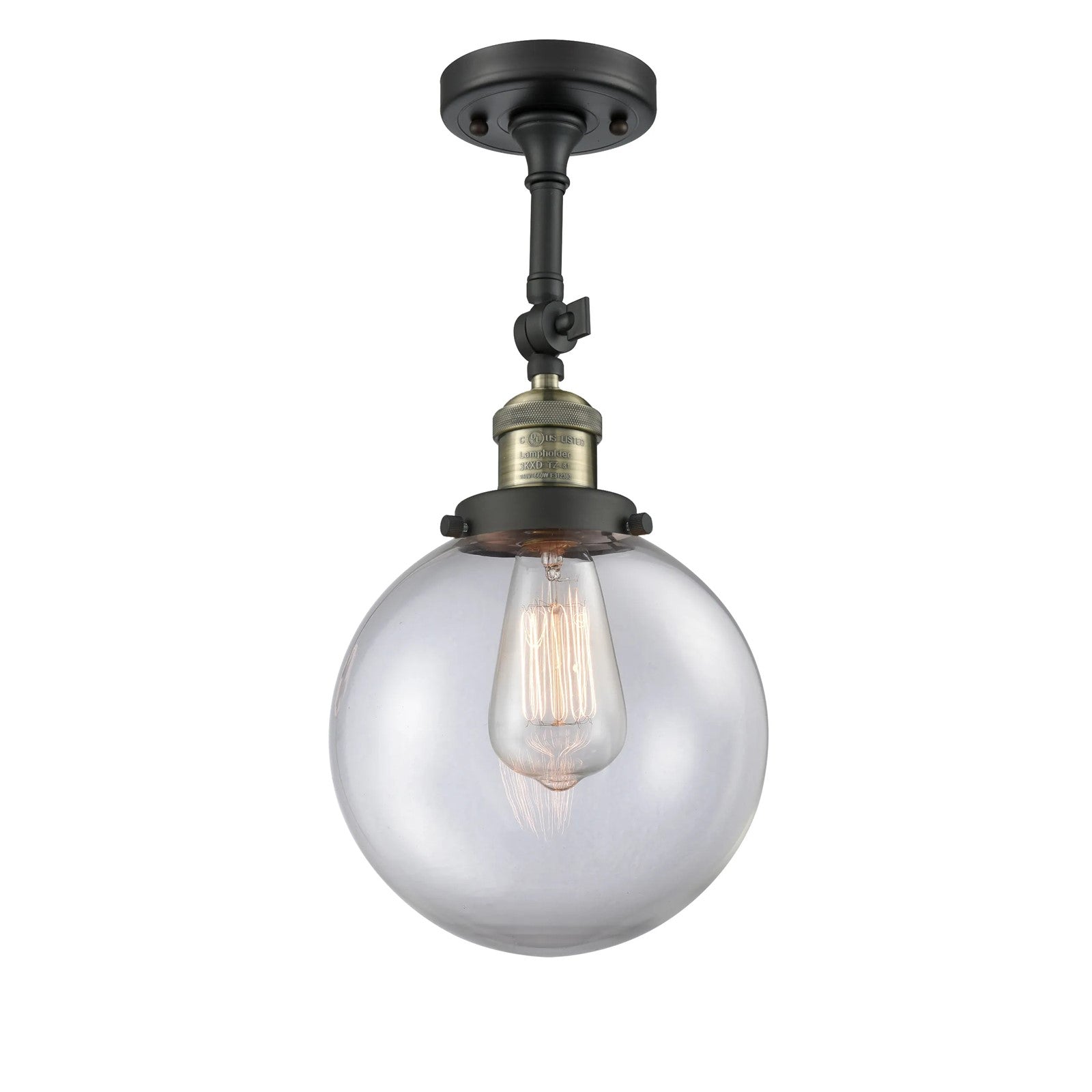 Innovations Beacon 8in 1-Light LED Wall Sconce | Industrial Black Antique Brass Cast Brass and Clear Globe Glass | Hallway & | Model 203-BAB-G202-8-LED