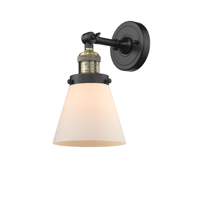 Innovations Lighting SM Cone 6in 1-Light Wall Sconce | Industrial Black Antique Brass and Matte White Cased Glass | Damp Location | Model 203-BAB-G61