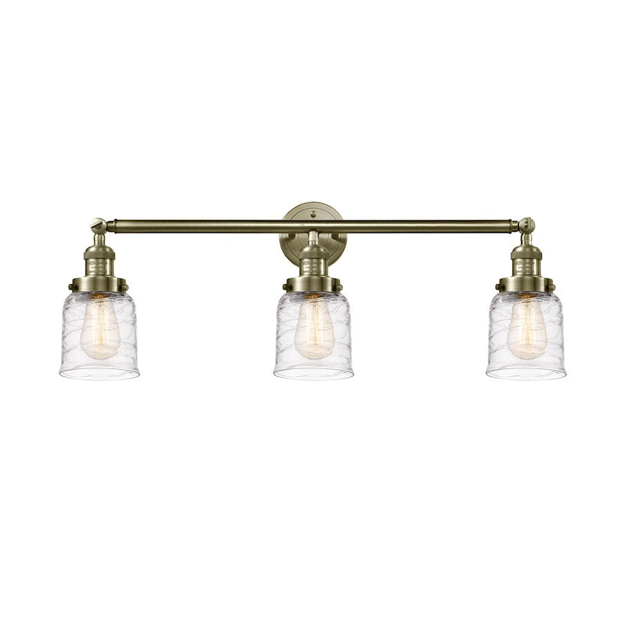 Innovations Franklin Restoration Bell 30in 3-Light LED Vanity | Industrial Farmhouse Antique Brass and Deco Swirl Glass | Bathroom | Model 205-AB-G513-LED