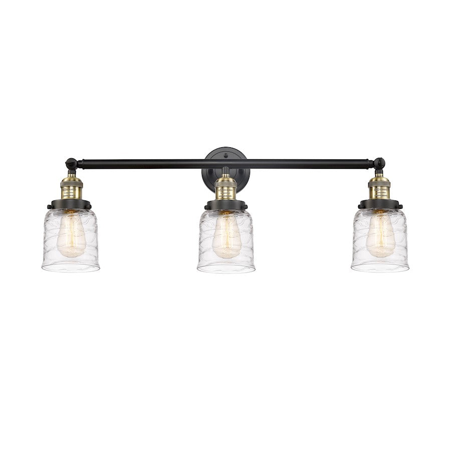 Innovations Franklin Restoration Bell 30in 3-Light Vanity | Industrial Black Antique Brass and Deco Swirl Glass | Bathroom Vanity | Model 205-BAB-G513