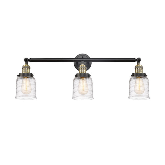 Innovations Franklin Restoration Bell 30in 3-Light LED Vanity | Industrial Black Antique Brass and Deco Swirl Glass | Bathroom | Model 205-BAB-G513-LED