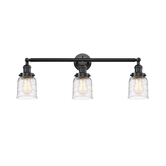 Innovations Franklin Restoration Bell 30in 3-Light Vanity | Industrial Oil Rubbed Bronze Steel and Deco Swirl Glass | Bathroom Vanity | Model 205-OB-G513