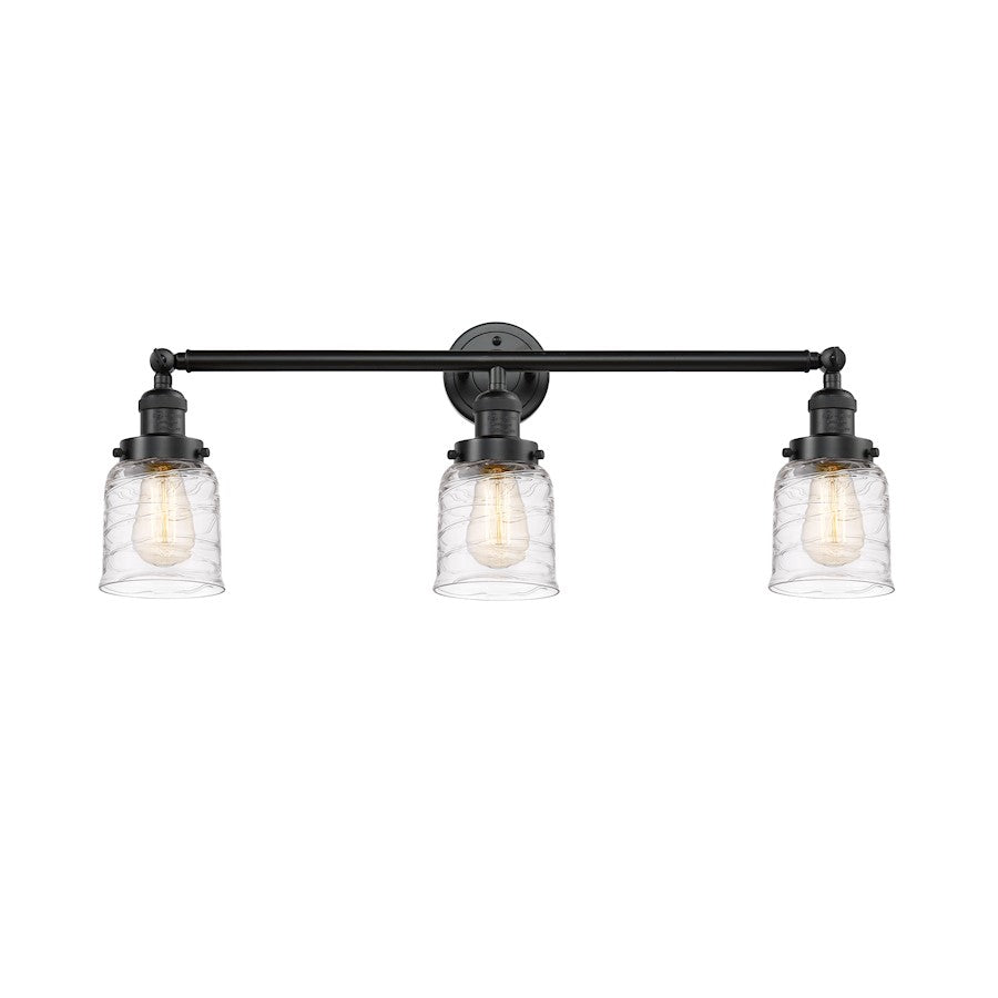 Innovations Franklin Restoration Bell 30in 3-Light LED Vanity | Industrial Farmhouse Oil Rubbed Bronze Steel and Deco Swirl Glass | Model 205-OB-G513-LED