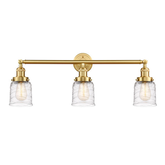 Innovations Franklin Restoration Bell 30in 3-Light LED Vanity | Industrial Farmhouse Satin Gold Steel and Cast Brass with Deco | Model 205-SG-G513-LED