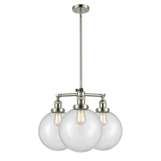 Innovations XL Beacon 24in 3-Light Chandelier | Industrial Polished Nickel and Clear Globe Glass | Dining Room & Entryway | Model 207-PN-G202-10-LED