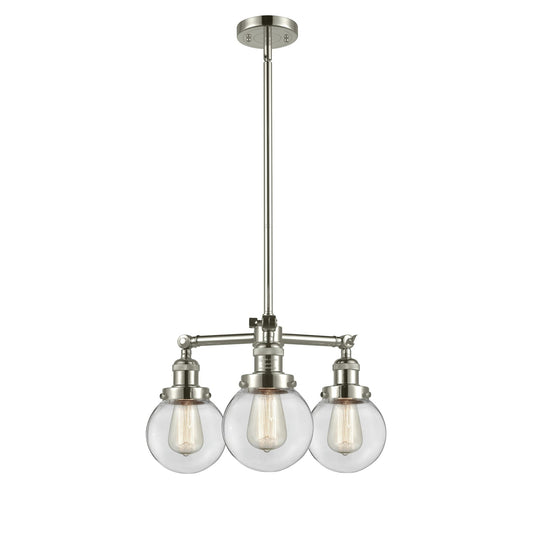 Innovations Beacon 19in 3-Light Chandelier | Industrial Polished Nickel and Clear Globe Glass | Dining Room & Foyer | Model 207-PN-G202-6-LED
