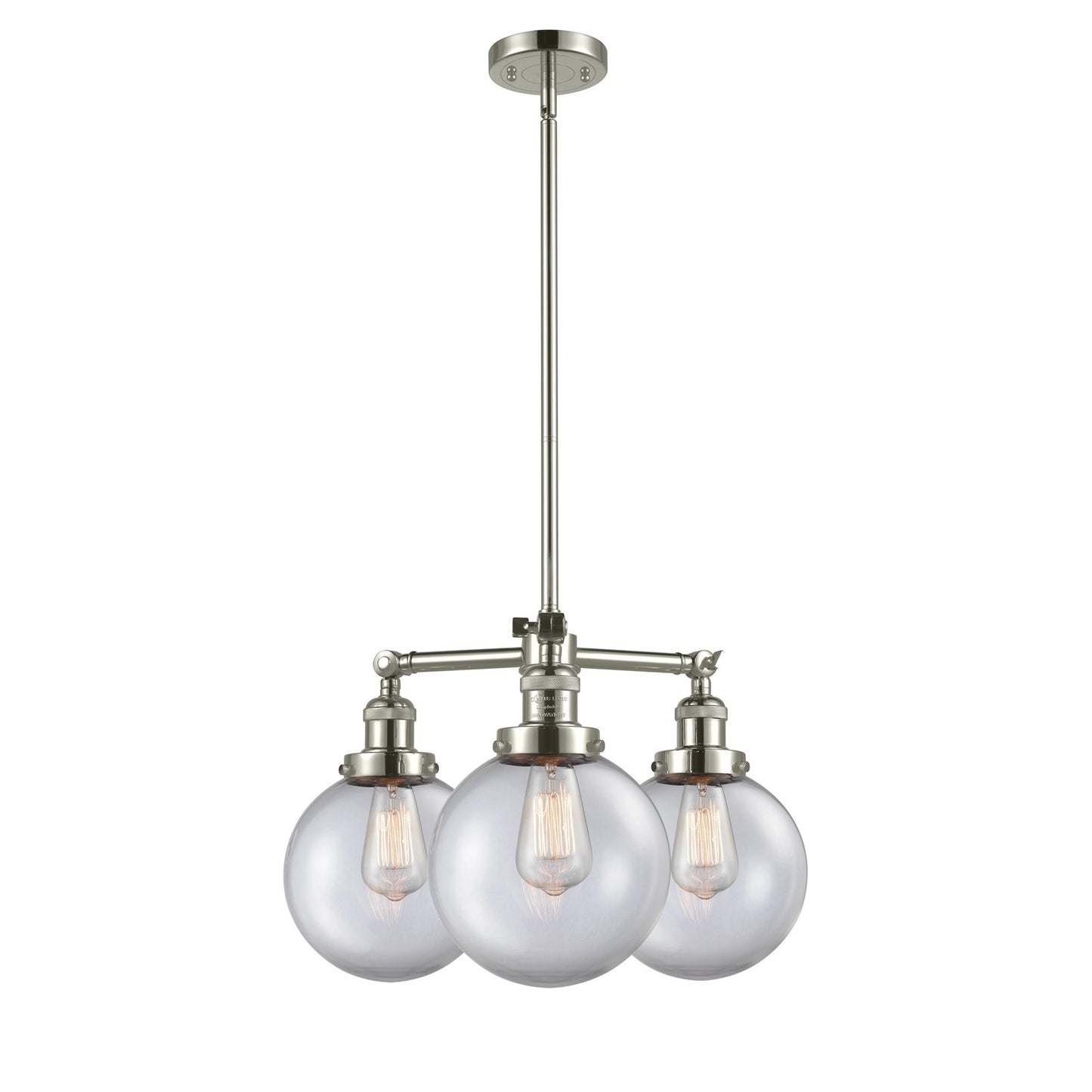 Innovations Beacon 22in 3-Light Chandelier | Industrial Polished Nickel and Clear Globe Glass | Kitchen Island & Dining Room | Model 207-PN-G202-8-LED