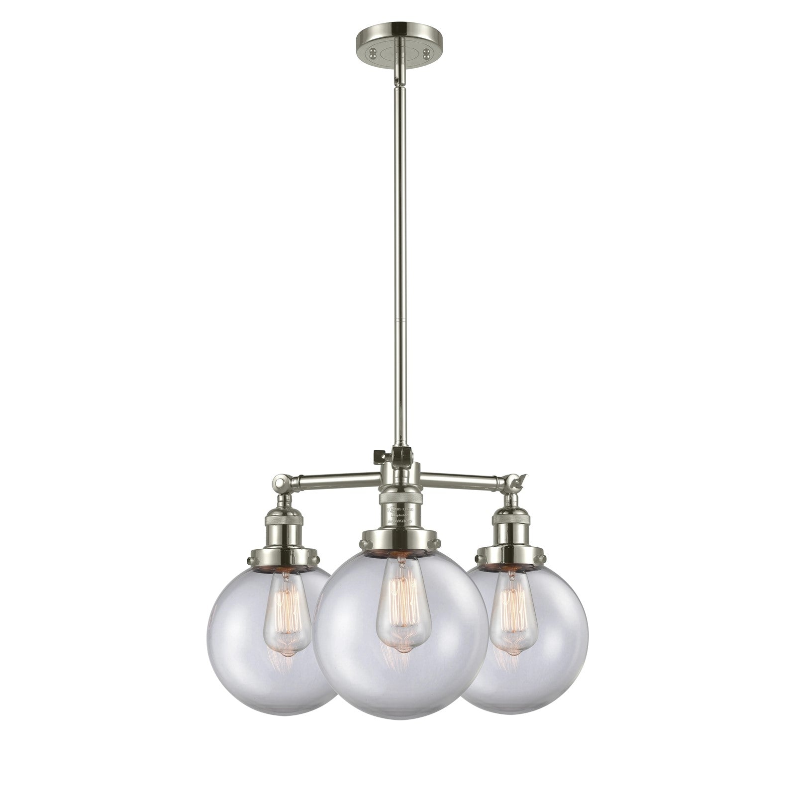 Innovations Beacon 22in 3-Light Chandelier | Industrial Polished Nickel and Clear Globe Glass | Kitchen Island & Dining Room | Model 207-PN-G202-8-LED