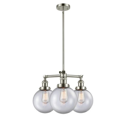 Innovations Beacon 22in 3-Light Chandelier | Industrial Polished Nickel and Clear Globe Glass | Kitchen Island & Dining Room | Model 207-PN-G202-8-LED