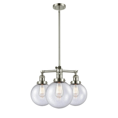 Innovations Lighting Globe Beacon 22in 3-Light Chandelier | Industrial Polished Nickel Brass and Seedy Glass | Dining Room & Foyer | Model 207-PN-G204-8