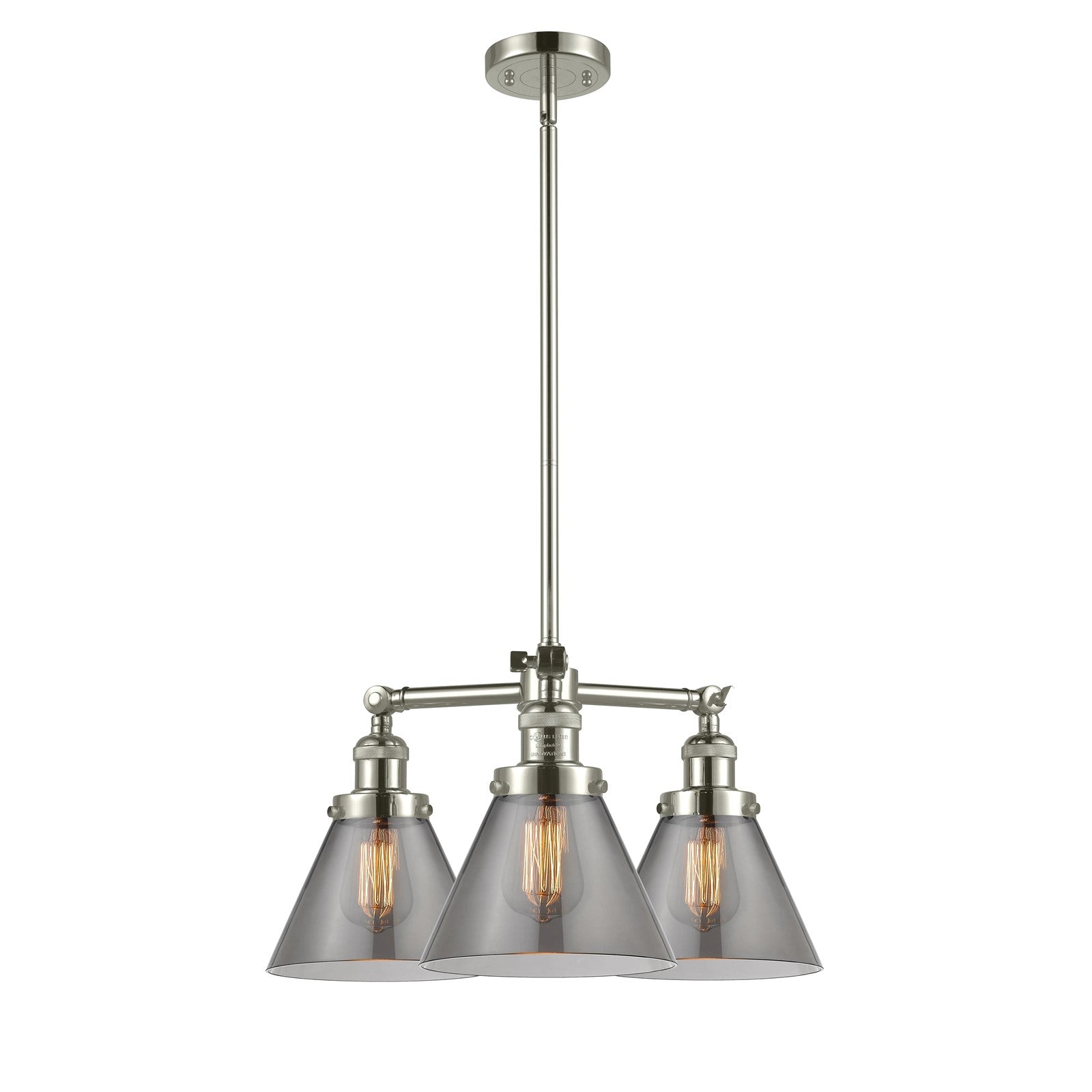 Innovations Lighting Large Cone 22in 3-Light Chandelier | Industrial Polished Nickel Cast Brass and Smoked Glass | Dining Room & Living | Model 207-PN-G43