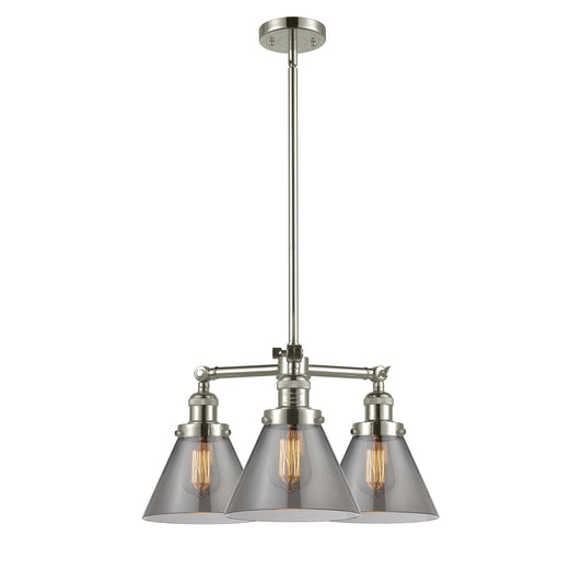 Innovations Lighting Large Cone 22in 3-Light Chandelier | Industrial Polished Nickel Cast Brass and Smoked Glass | Dining Room & Living | Model 207-PN-G43