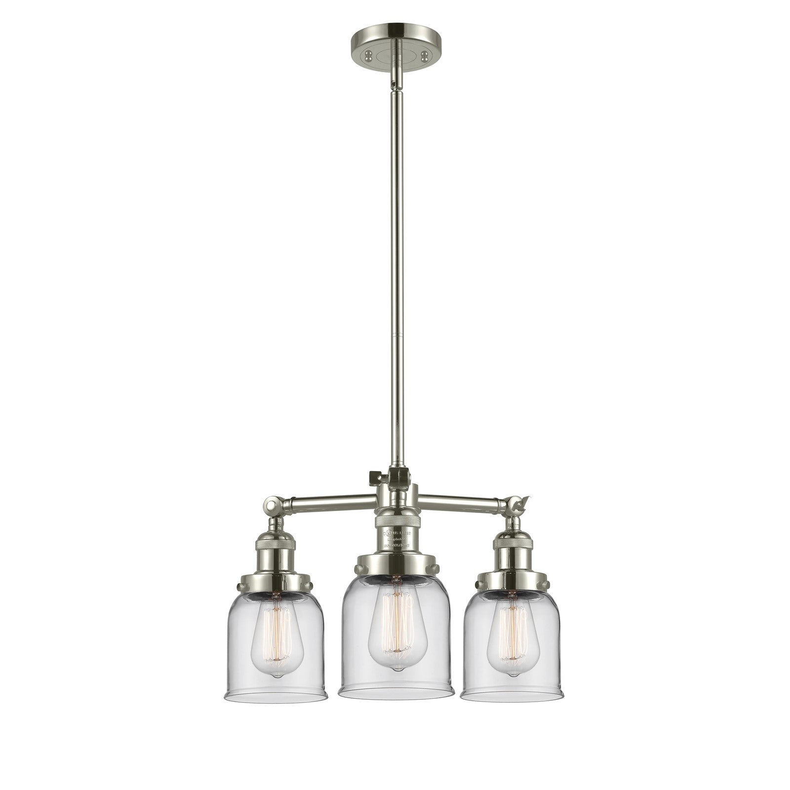 Innovations Lighting Small Bell 19in 3-Light Chandelier | Industrial Polished Nickel and Clear Glass | Damp Rated Kitchen & Dining Room | Model 207-PN-G52