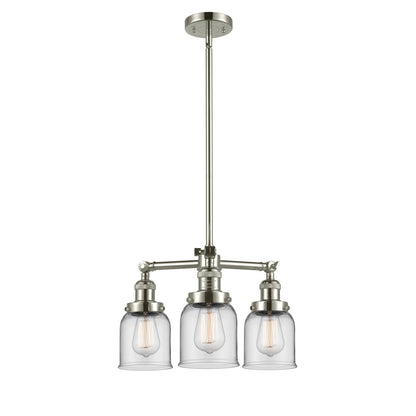 Innovations Lighting Small Bell 19in 3-Light Chandelier | Industrial Polished Nickel and Clear Glass | Damp Rated Kitchen & Dining Room | Model 207-PN-G52