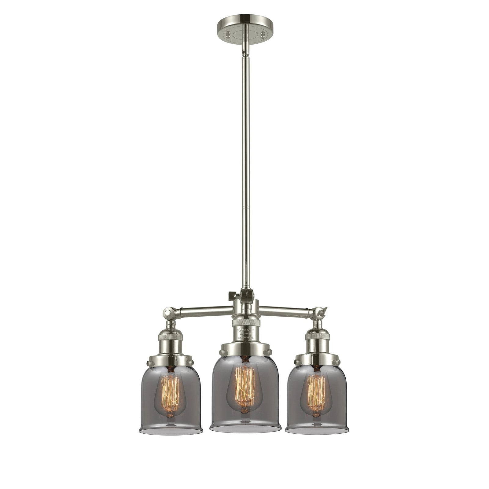 Innovations Lighting Small Bell 19in 3-Light Chandelier | Industrial Polished Nickel and Smoked Glass | Damp-Rated Dining Room & | Model 207-PN-G53