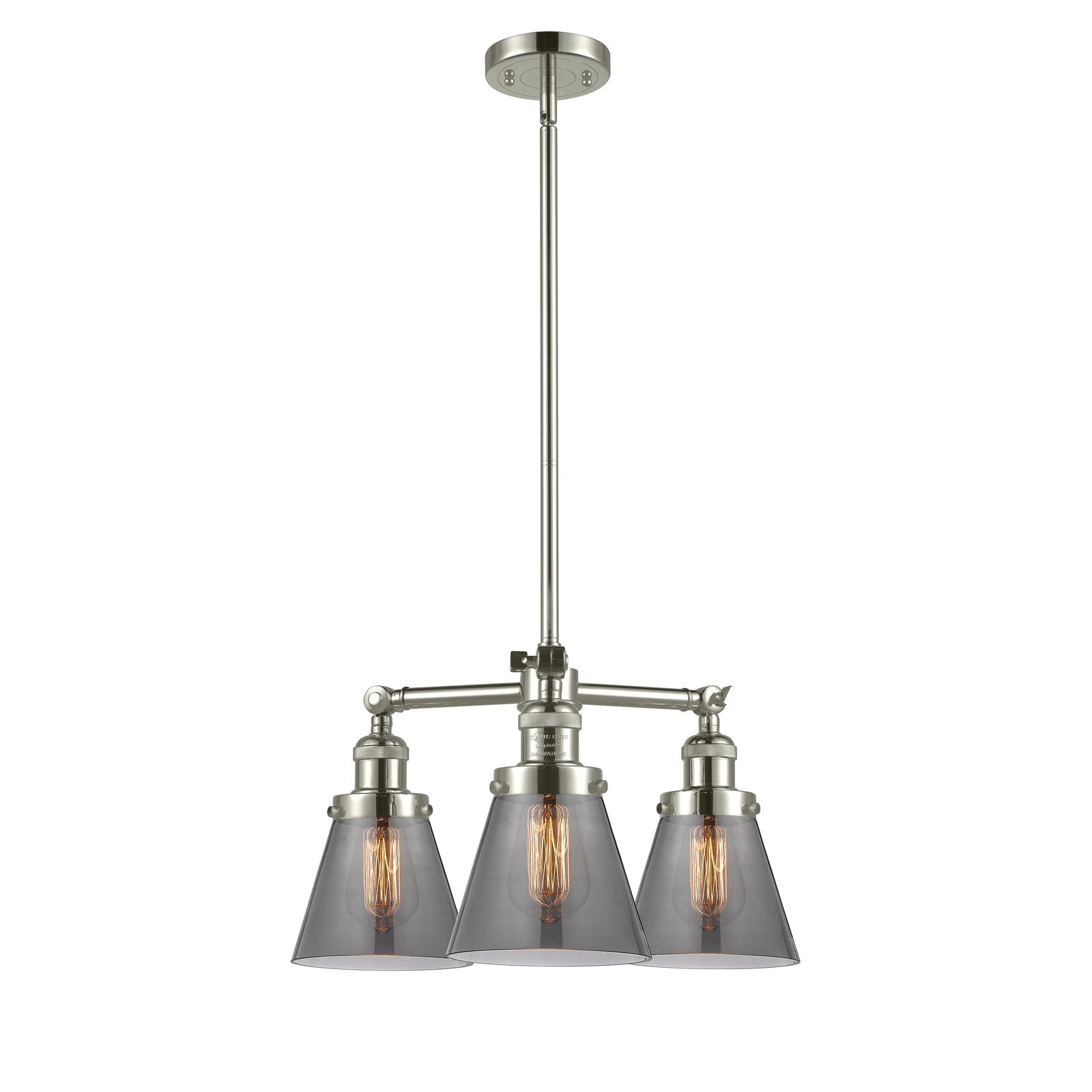 Innovations Lighting Small Cone 19in 3-Light Chandelier | Industrial Polished Nickel and Smoked Glass | Kitchen Island & Dining Room | Model 207-PN-G63
