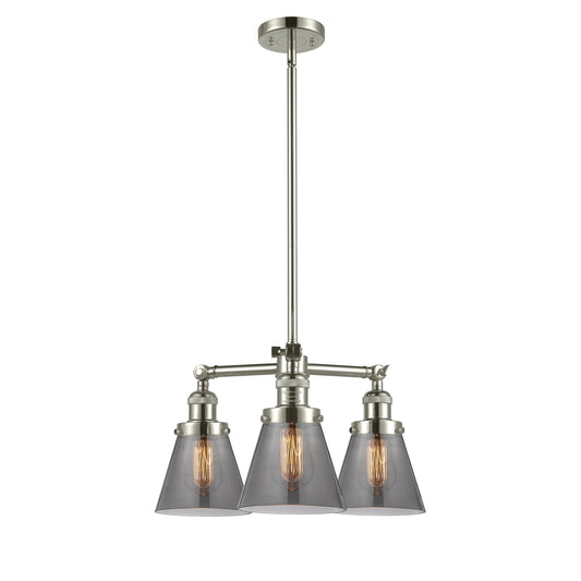 Innovations Lighting Small Cone 19in 3-Light Chandelier | Industrial Polished Nickel and Smoked Glass | Kitchen Island & Dining Room | Model 207-PN-G63