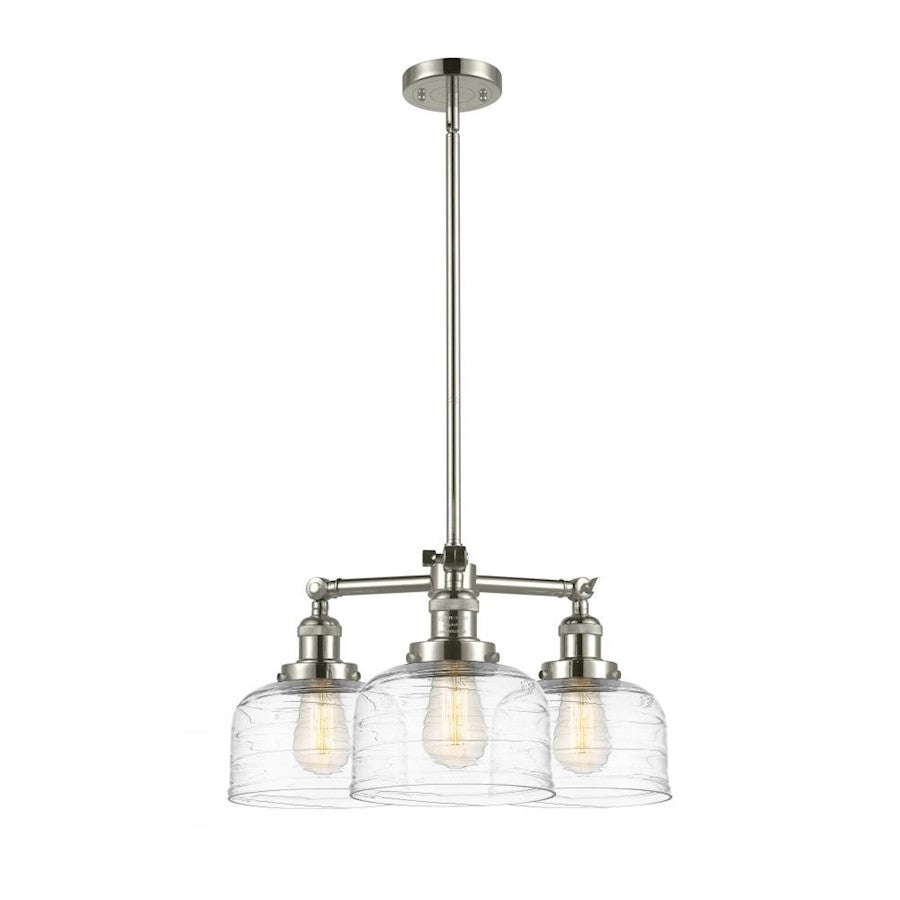 Innovations Franklin Restoration Bell 22in 3-Light Chandelier | Industrial Polished Nickel and Clear Deco Swirl Glass | Kitchen Island | Model 207-PN-G713