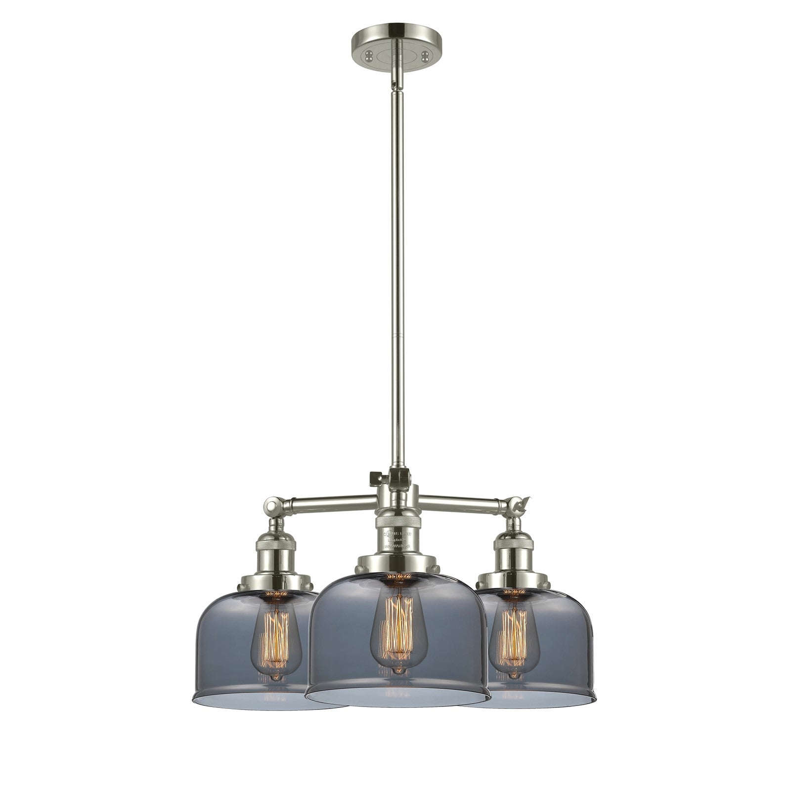Innovations Lighting Large Bell 22in 3-Light Chandelier | Industrial Polished Nickel and Smoked Glass | Dining Room & Living Room | Model 207-PN-G73