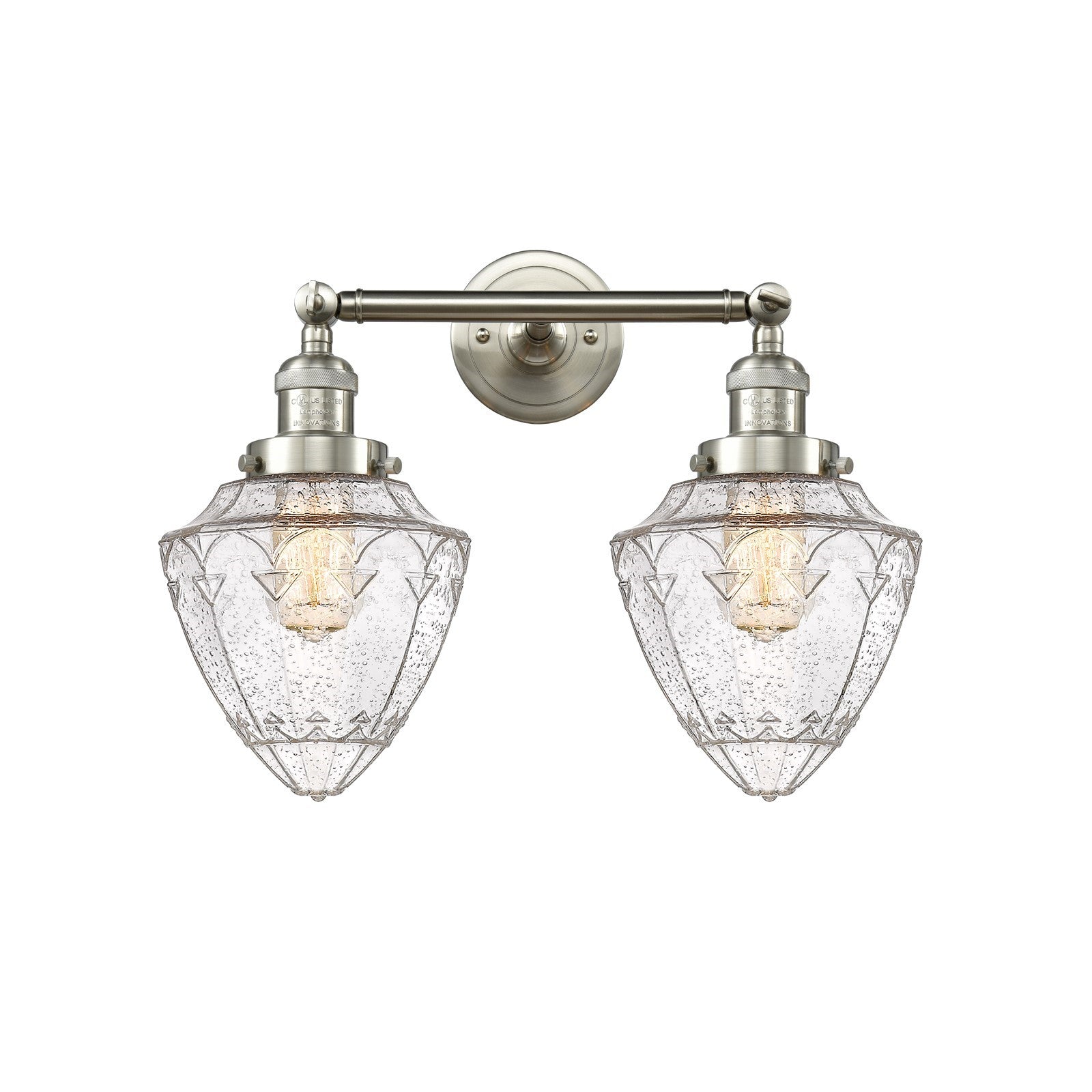 Innovations Bullet 18in 2-Light Bath Vanity | Traditional Art Deco Brushed Satin Nickel Steel and Seedy Glass | Bathroom Vanity & | Model 208-SN-G664-7