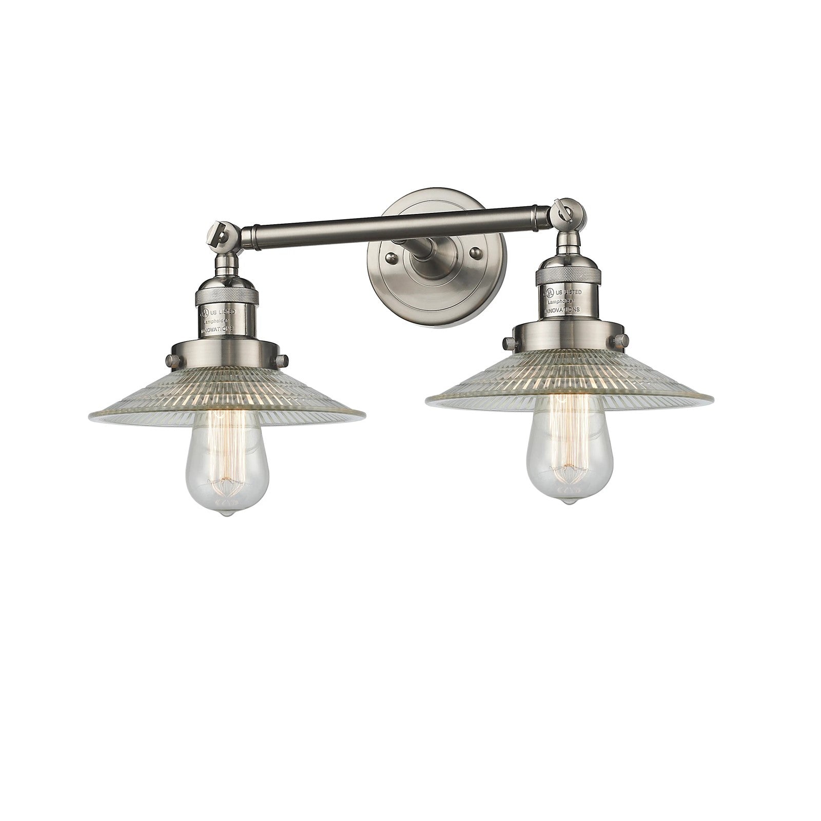 Innovations Halophane 2-Light Vanity Light | Industrial Brushed Satin Nickel and Clear Halophane Glass | Bathroom Vanity & Powder | Model 208L-SN-G2-LED
