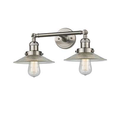 Innovations Halophane 2-Light Vanity Light | Industrial Brushed Satin Nickel and Clear Halophane Glass | Bathroom Vanity & Powder | Model 208L-SN-G2-LED