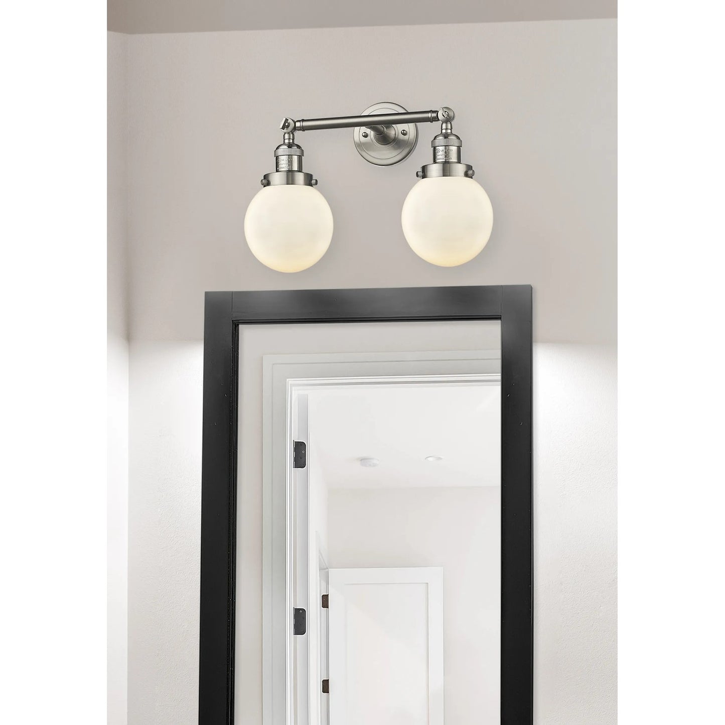 Innovations Beacon 23in 2-Light Vanity Light | Industrial Brushed Satin Nickel and Matte White Cased Glass | Bathroom Vanity | Model 208L-SN-G201-6-LED