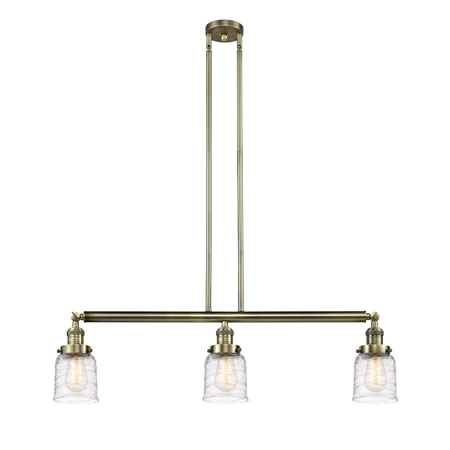 Innovations Franklin Restoration Bell 37.5in 3-Light Island Light | Industrial Antique Brass and Deco Swirl Glass | Kitchen Island & | Model 213-AB-G513