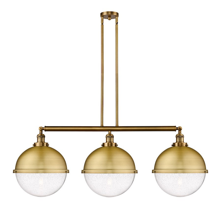 Innovations Franklin Restoration Hampden 45in 3-Light Island Light | Industrial Brushed Brass and Seedy Glass | Kitchen Island & | Model 213-BB-HFS-124-BB