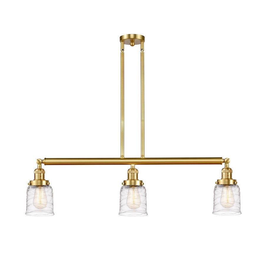 Innovations Franklin Restoration Bell 37.5in 3-Light LED Island Light | Industrial Farmhouse Satin Gold Steel and Deco Swirl Glass | Model 213-SG-G513-LED