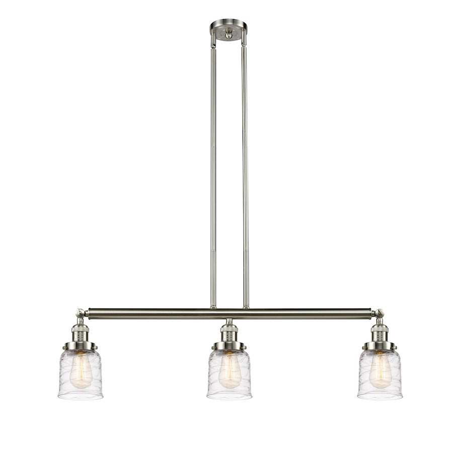 Innovations Franklin Restoration Bell 37.5in 3-Light Island Light | Industrial Farmhouse Brushed Satin Nickel and Deco Swirl Glass | Model 213-SN-G513
