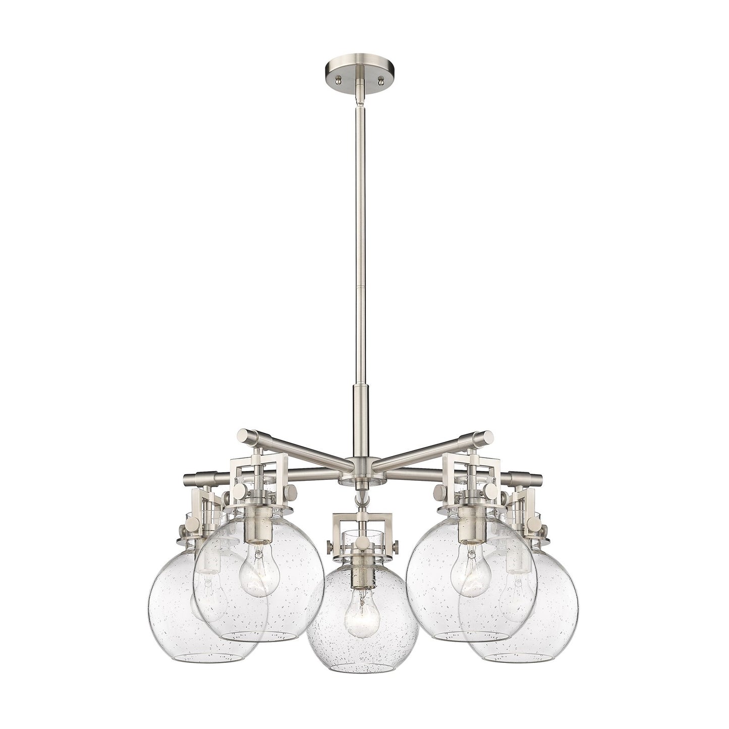 Innovations Newton Sphere 26in 5-Light Chandelier | Industrial Satin Nickel and Seedy Glass | Dining Room & Kitchen | Model 411-5CR-SN-G410-7SDY