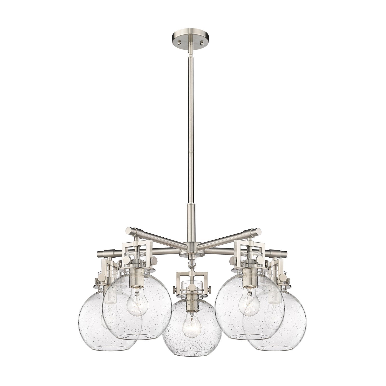 Innovations Newton Sphere 26in 5-Light Chandelier | Industrial Satin Nickel and Seedy Glass | Dining Room & Kitchen | Model 411-5CR-SN-G410-7SDY