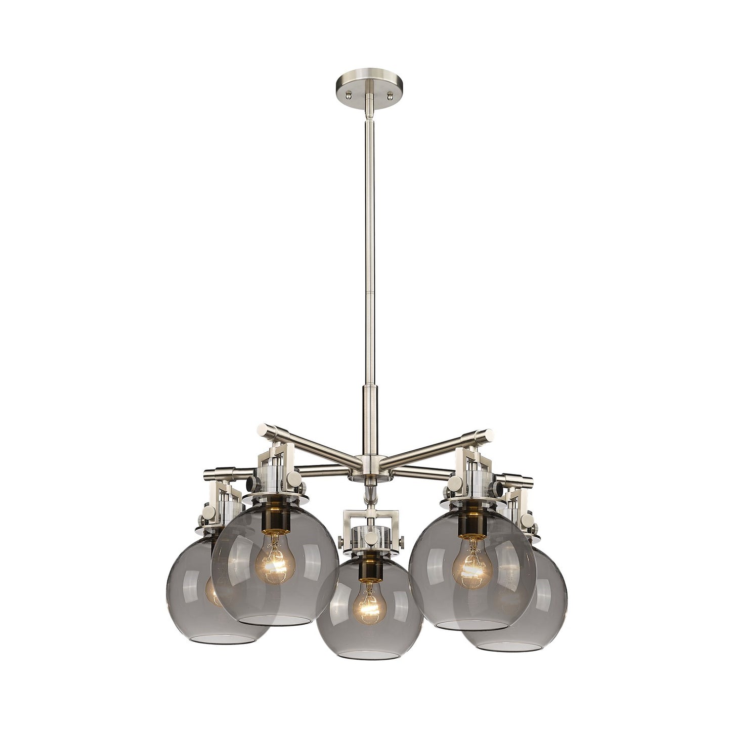 Innovations Newton Sphere 26in 5-Light Chandelier | Industrial Satin Nickel and Light Smoke Glass | Dining Room & Kitchen | Model 411-5CR-SN-G410-7SM