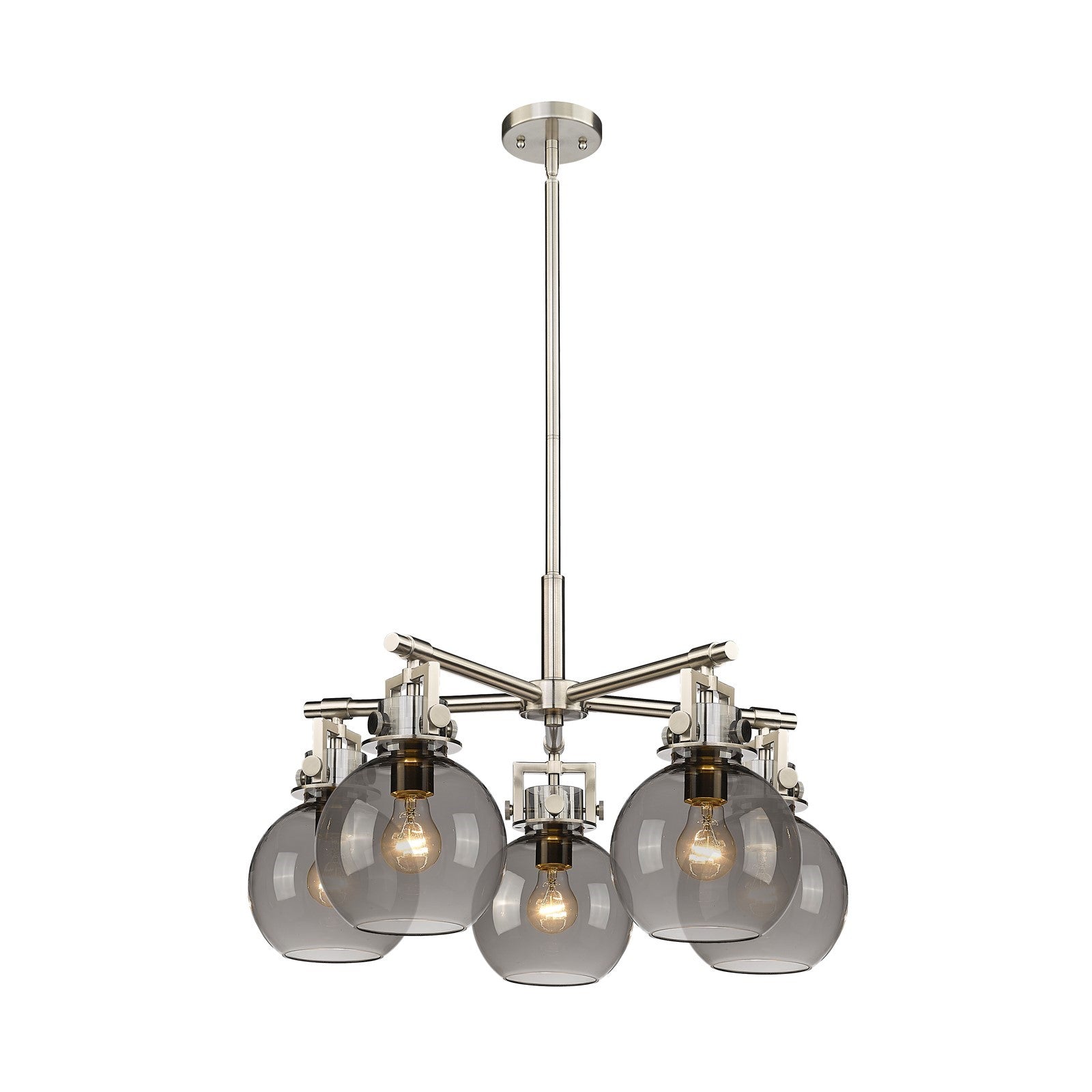 Innovations Newton Sphere 26in 5-Light Chandelier | Industrial Satin Nickel and Light Smoke Glass | Dining Room & Kitchen | Model 411-5CR-SN-G410-7SM