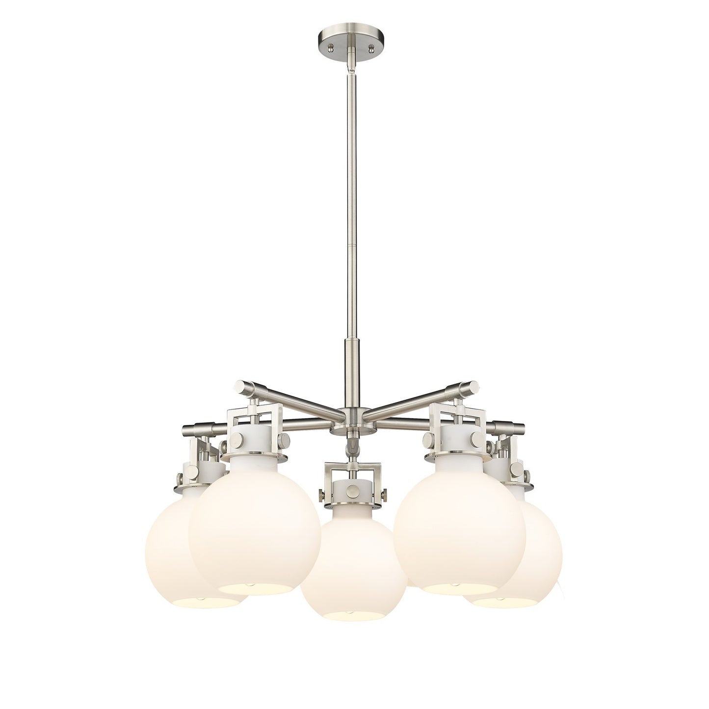 Innovations Newton Sphere 26in 5-Light Chandelier | Industrial Satin Nickel and White Frosted Glass | Dining Room | Model 411-5CR-SN-G410-7WH