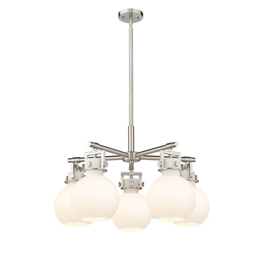 Innovations Newton Sphere 26in 5-Light Chandelier | Industrial Satin Nickel and White Frosted Glass | Dining Room | Model 411-5CR-SN-G410-7WH