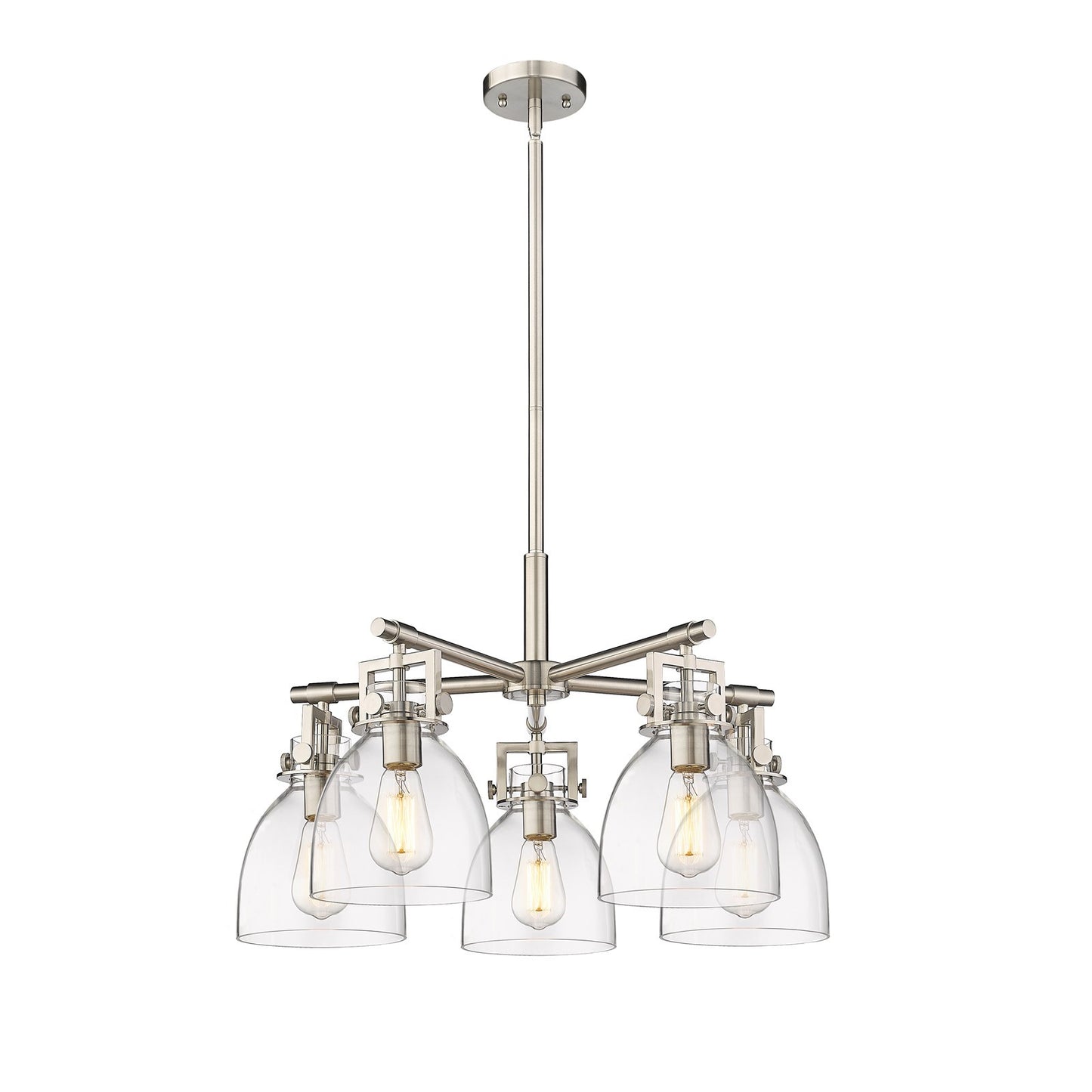 Innovations Newton Bell 26in 5-Light Chandelier | Industrial Satin Nickel and Clear Glass | Dining Room & Kitchen Island | Model 411-5CR-SN-G412-7CL