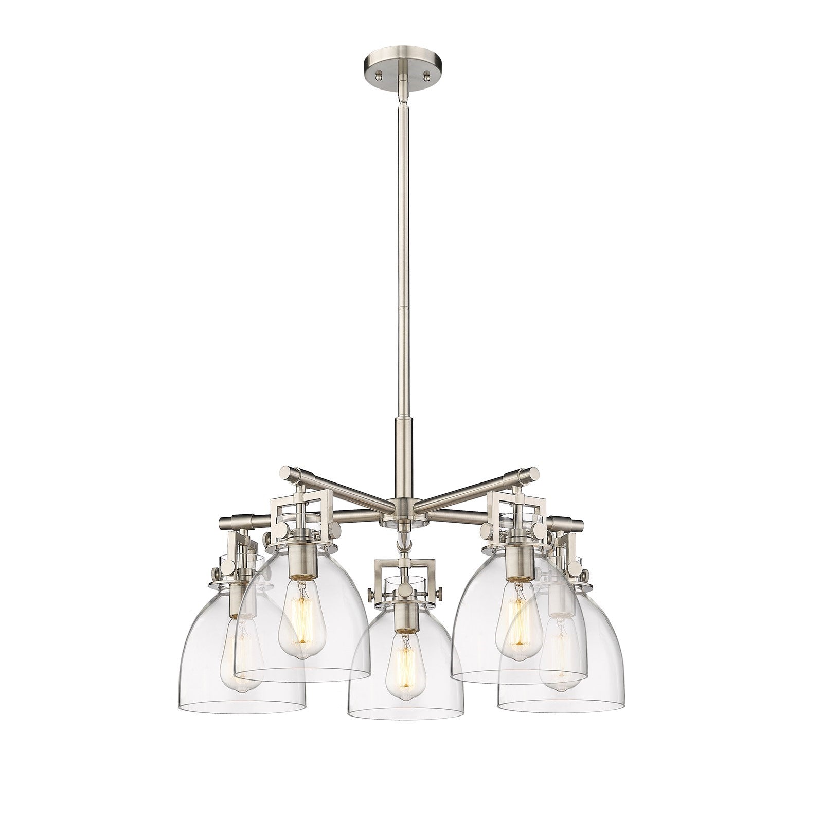Innovations Newton Bell 26in 5-Light Chandelier | Industrial Satin Nickel and Clear Glass | Dining Room & Kitchen Island | Model 411-5CR-SN-G412-7CL