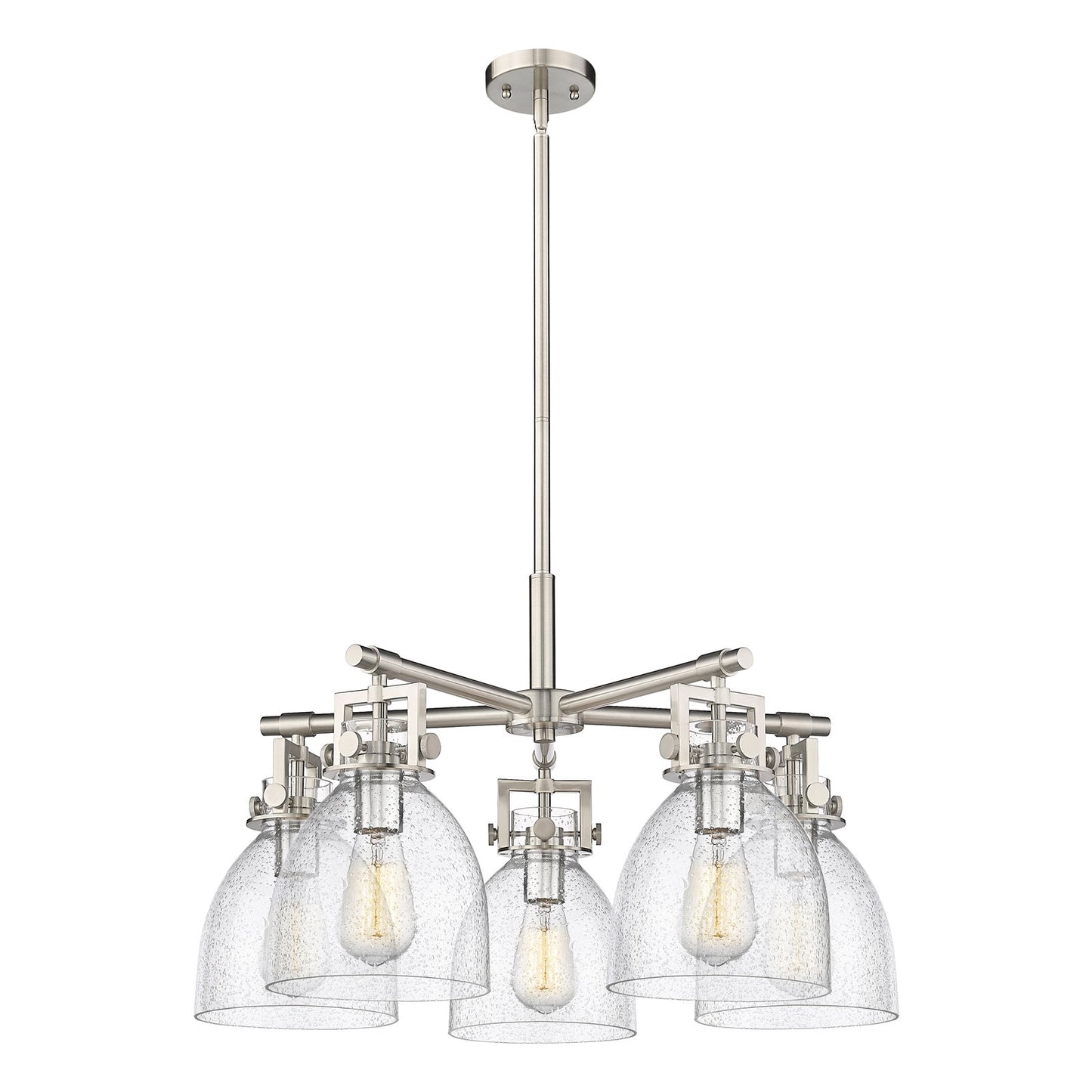 Innovations Newton Bell 26in 5-Light Chandelier | Industrial Satin Nickel and Seedy Glass | Kitchen Island & Dining Room | Model 411-5CR-SN-G412-7SDY