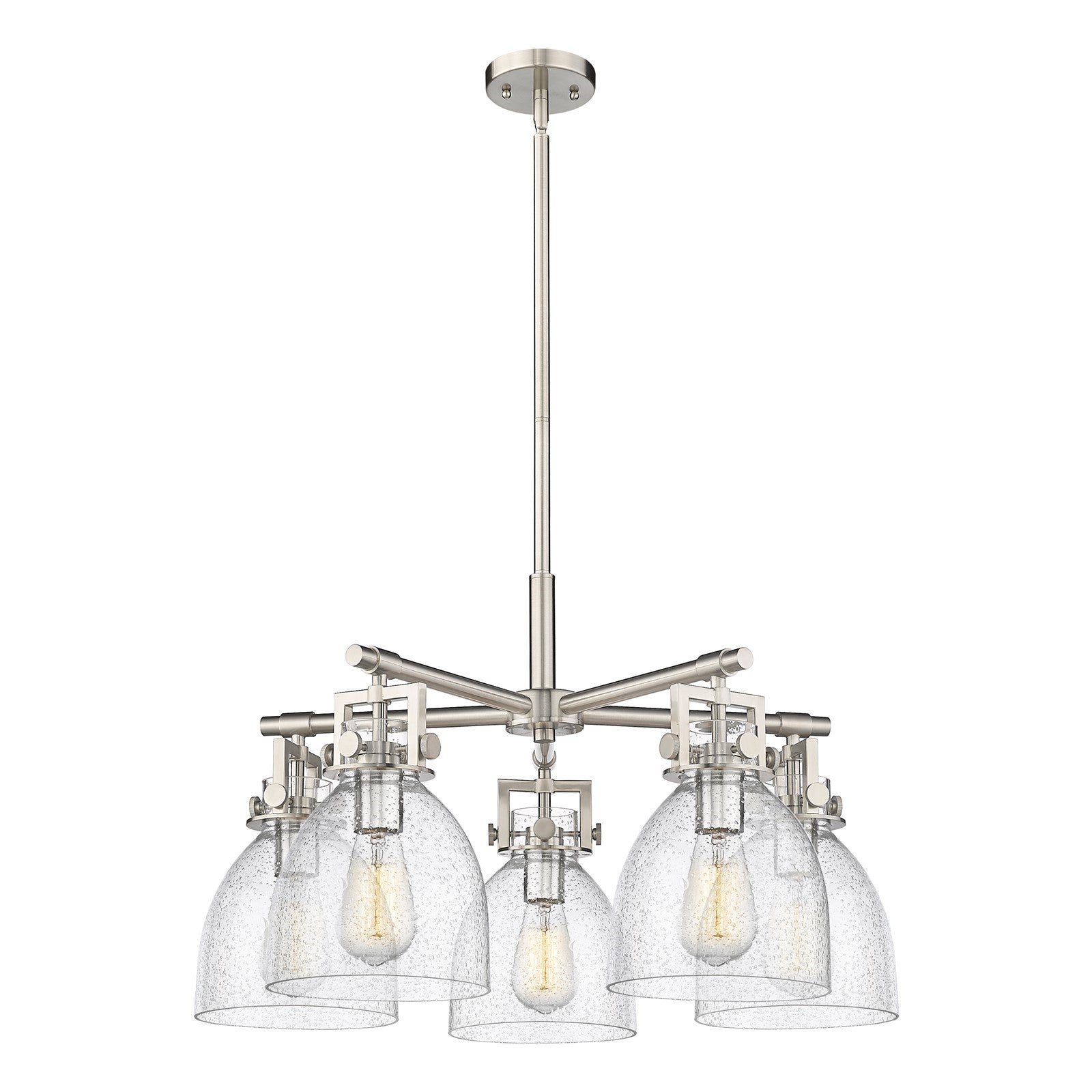 Innovations Newton Bell 26in 5-Light Chandelier | Industrial Satin Nickel and Seedy Glass | Kitchen Island & Dining Room | Model 411-5CR-SN-G412-7SDY