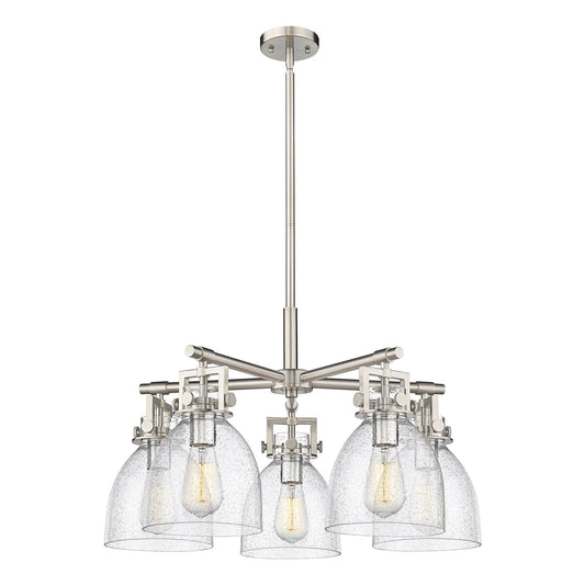 Innovations Newton Bell 26in 5-Light Chandelier | Industrial Satin Nickel and Seedy Glass | Kitchen Island & Dining Room | Model 411-5CR-SN-G412-7SDY