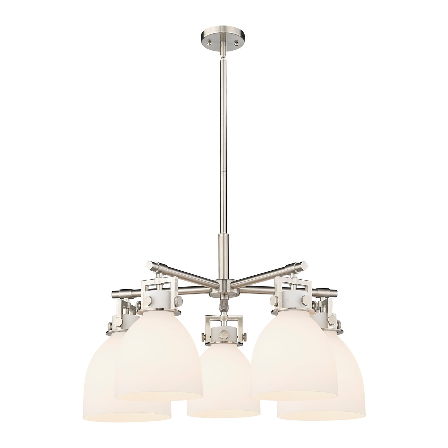 Innovations Newton Bell 26in 5-Light Chandelier | Industrial Satin Nickel and White Frosted Glass | Kitchen Island | Model 411-5CR-SN-G412-7WH